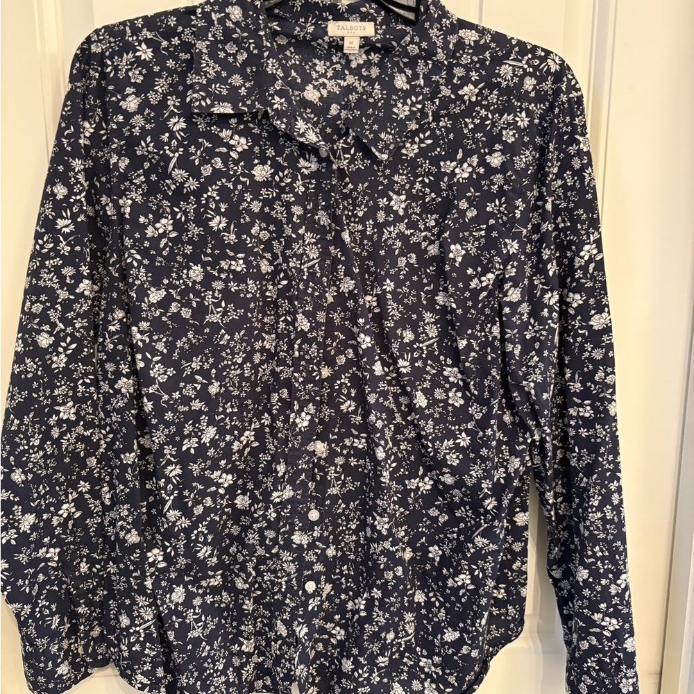 Talbots Navy Blue Floral Button Down Shirt